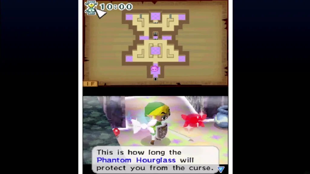 The Phantom Hourglass timer at 10:00 as Ciela explains how long it protects Link from the curse