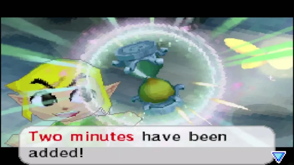 Link raises the hourglass in the Temple of Ice as two minutes are added Link raises the hourglass in the Temple of Ice as two minutes are added