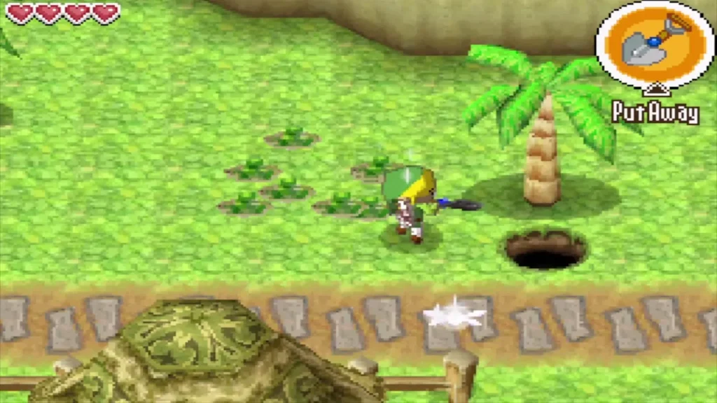 Link with the Shovel beside a freshly dug hole next to the palm tree on Molida Island Link with the Shovel beside a freshly dug hole next to the palm tree on Molida Island