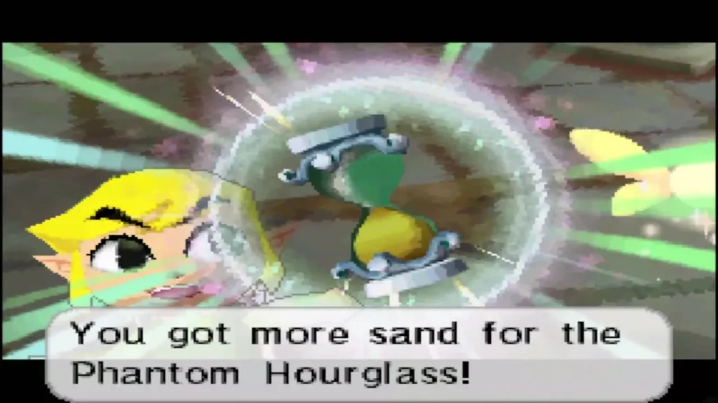 Link raises the hourglass in Mutoh's Temple with the more sand message Link raises the hourglass in Mutoh's Temple with the more sand message
