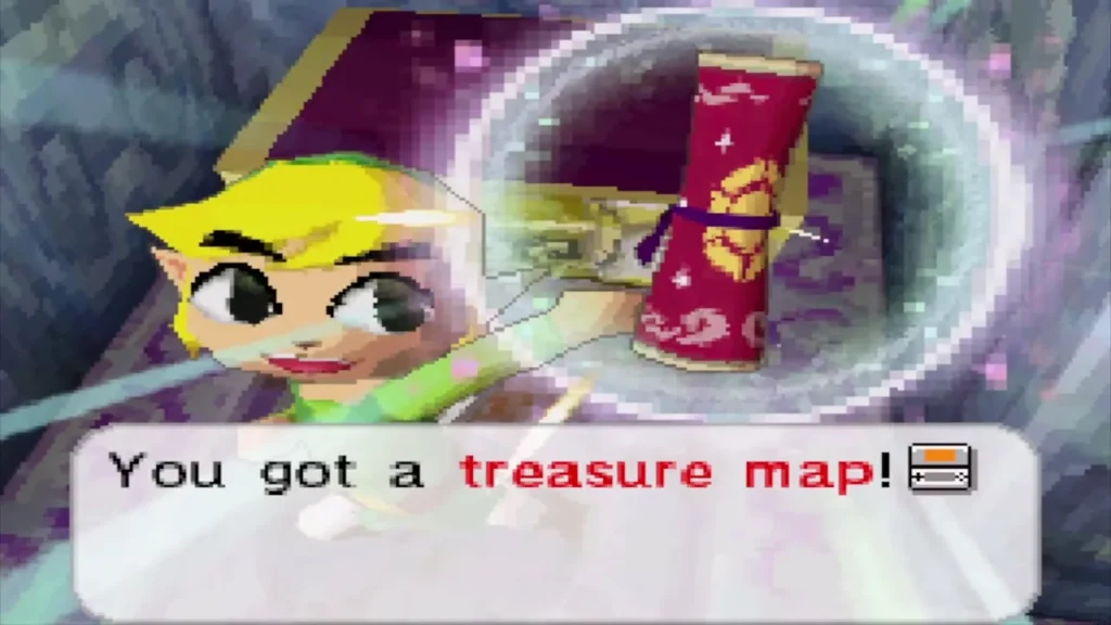 Link holding up the treasure map from the B5 chest of the Temple of the Ocean King Link holding up the treasure map from the B5 chest of the Temple of the Ocean King