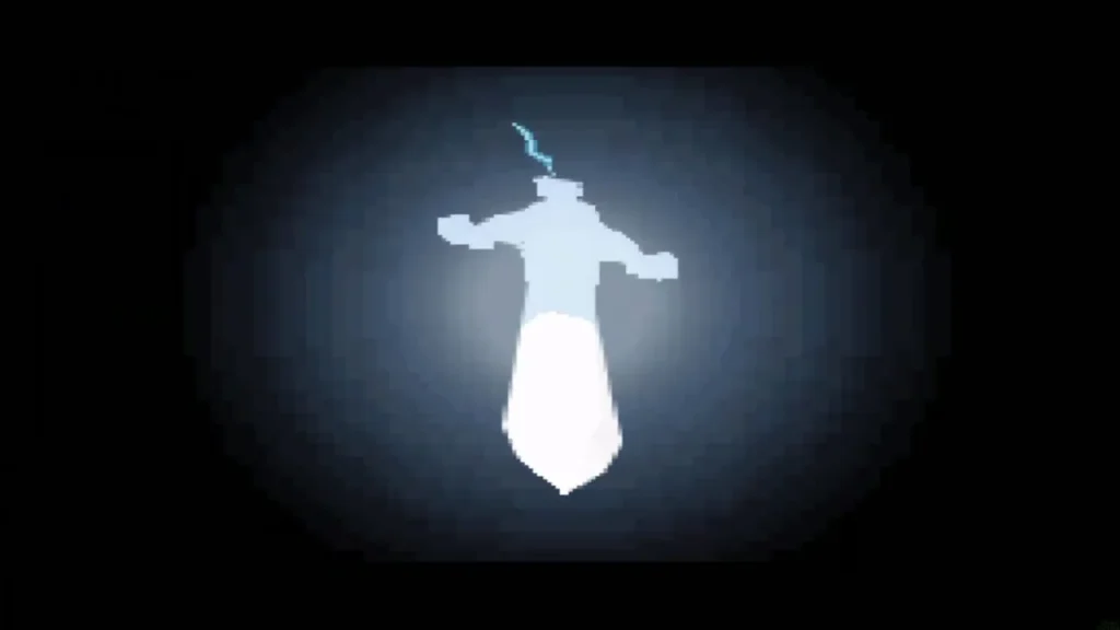 A glowing white sword shape crackling with lightning against a dark background A glowing white sword shape crackling with lightning against a dark background