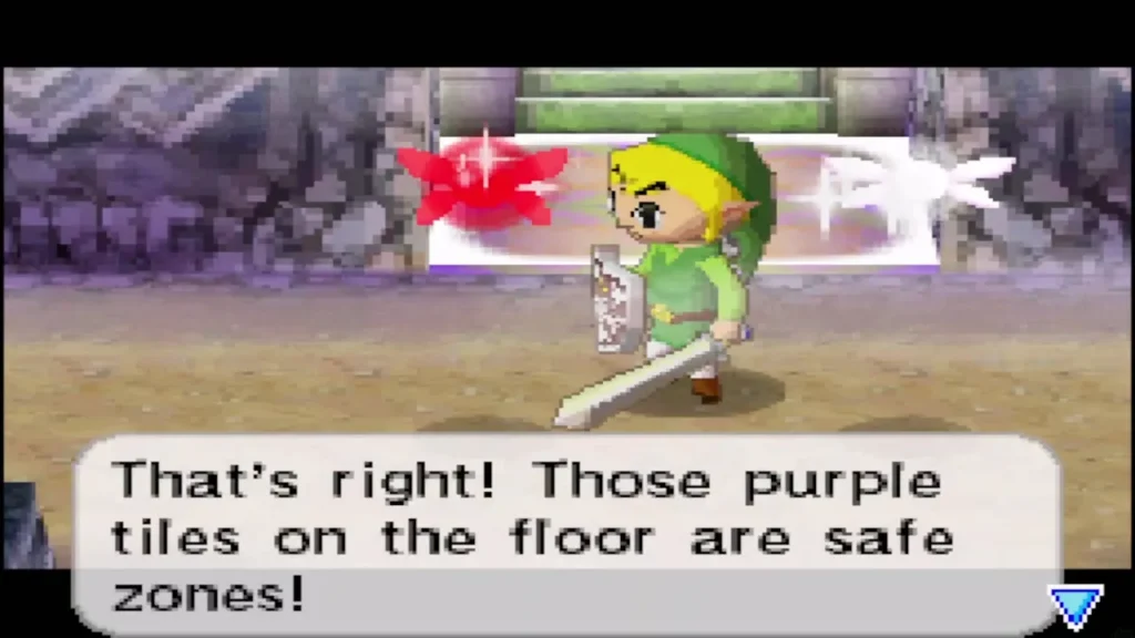 Ciela telling Link the purple tiles on the floor are safe zones Ciela telling Link the purple tiles on the floor are safe zones