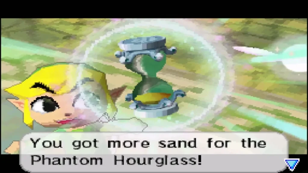 Link raises the hourglass after the Temple of Wind boss as the sand is added Link raises the hourglass after the Temple of Wind boss as the sand is added