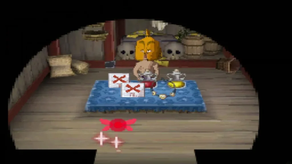 Beedle in his golden helmet behind a blue cloth of wares on the Masked Ship