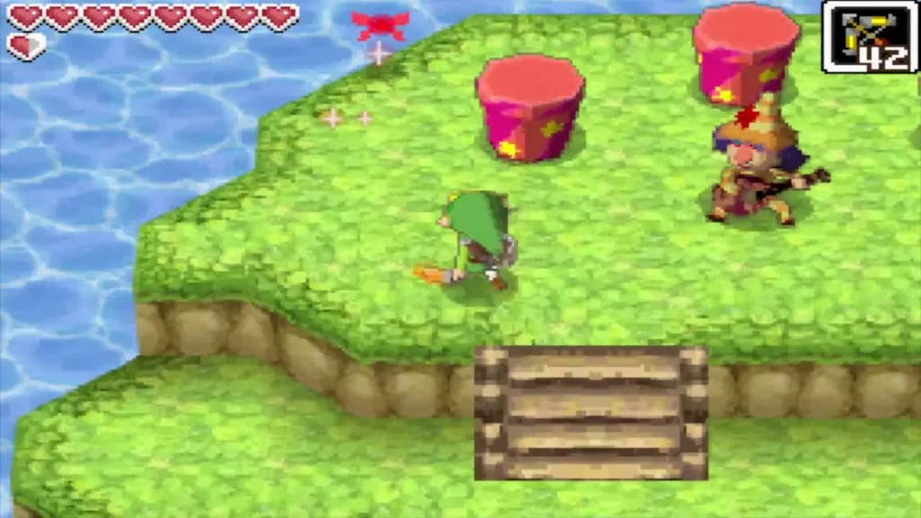 Link beside Freedle, the mandolin musician, on his small isle with pink boxes