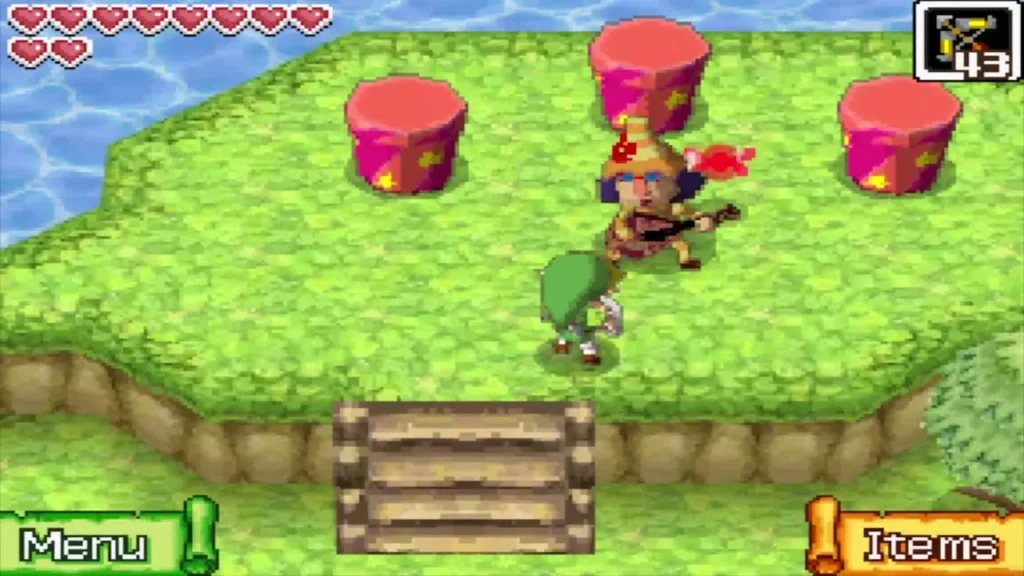 Link walking up to Freedle beside the three pink magic boxes