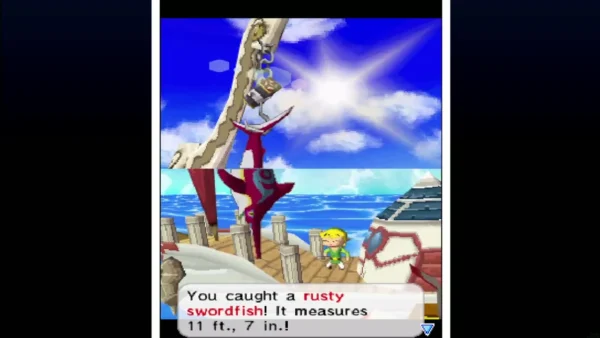Link on the ship's deck beside a rusty swordfish hauled up on the hook