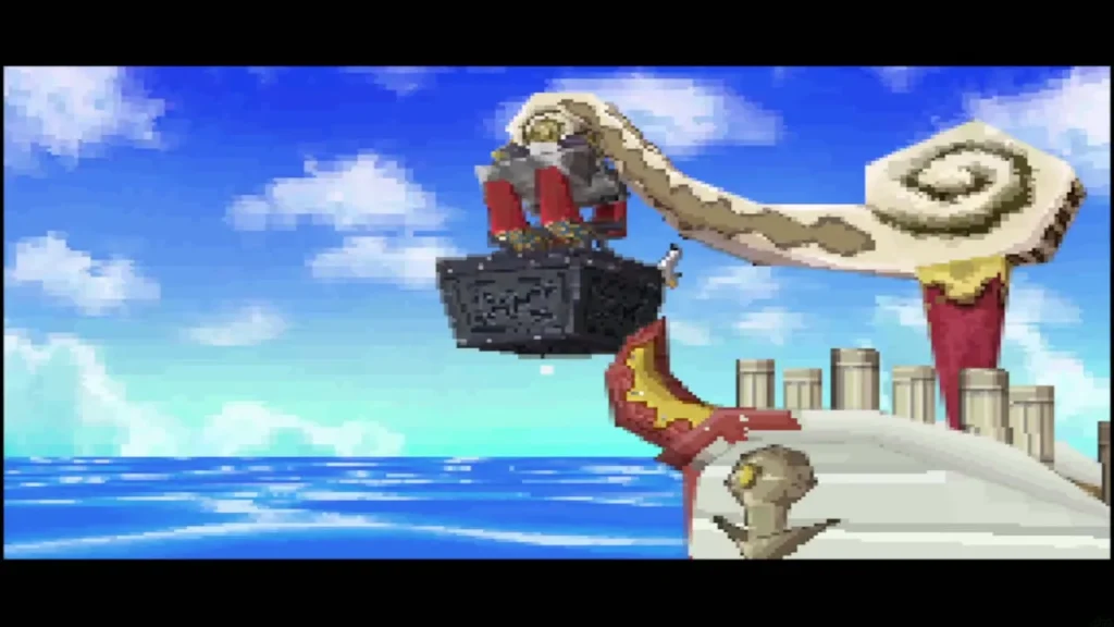 The Salvage Arm swinging a salvaged treasure chest onto the ship's deck