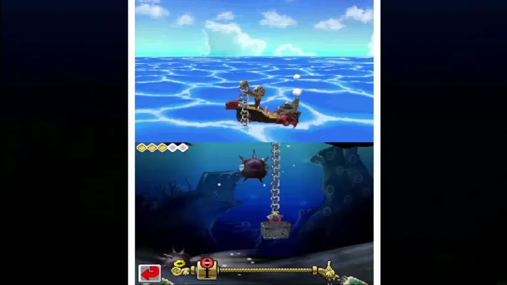 The Salvage Arm hooking a sunken chest beside a spiked mine on the sea floor