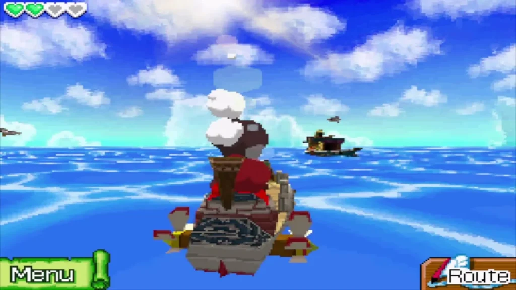 Link's ship at sea with the green ship life gauge shown at the top left