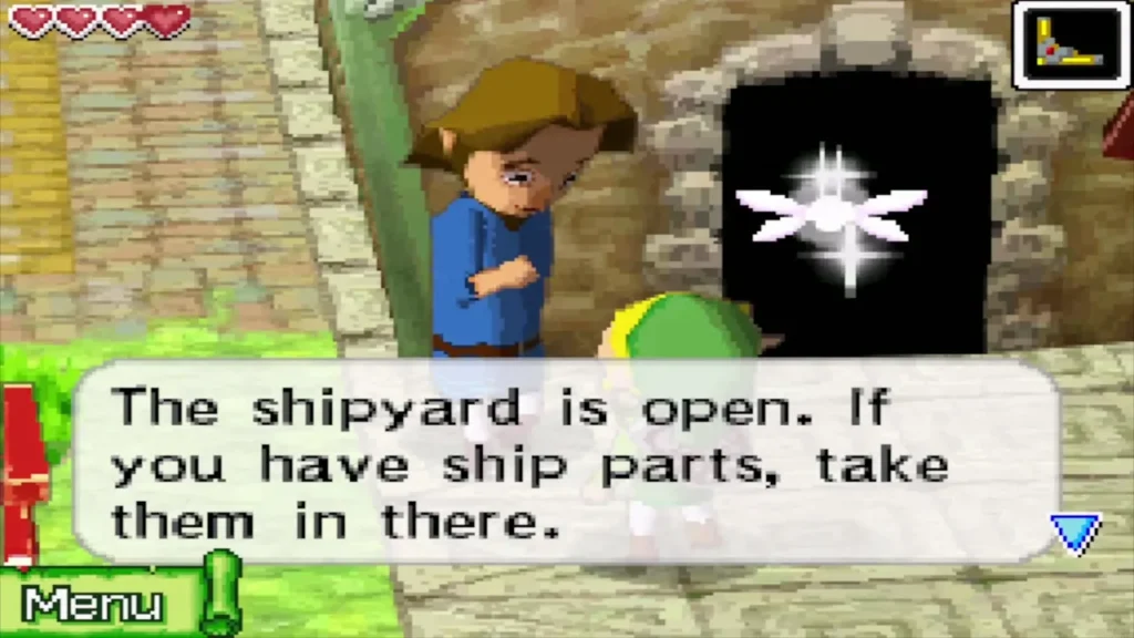 A Mercay villager telling Link the shipyard is open for anyone with ship parts