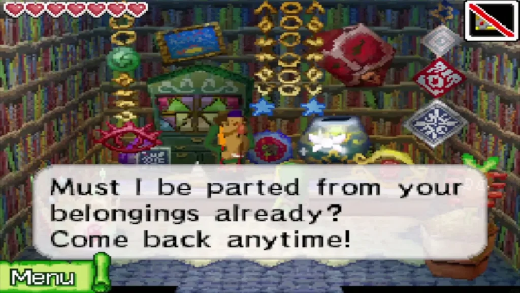 The Treasure Teller among his shelves telling Link to come back anytime