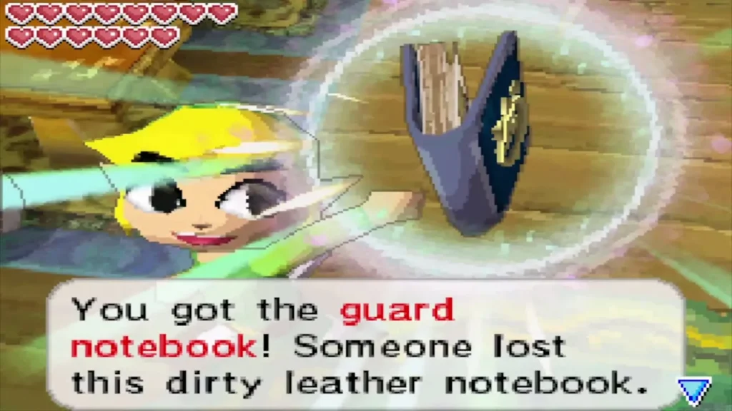Link holding up the guard notebook with the complete message box