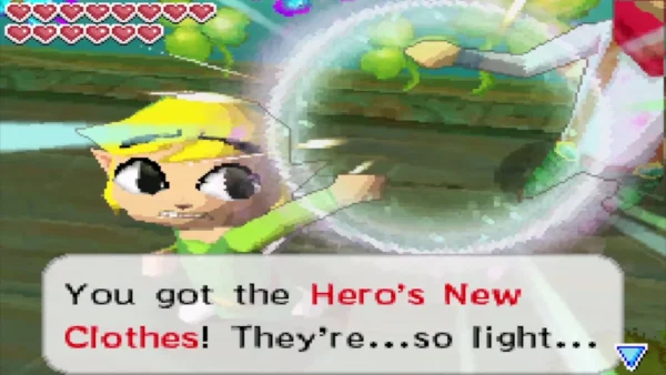 Link holding up the Hero's New Clothes with the complete message box