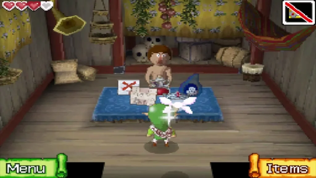 Link walking into Beedle's Shop Ship where his wares lie on a blue cloth Link walking into Beedle's Shop Ship where his wares lie on a blue cloth