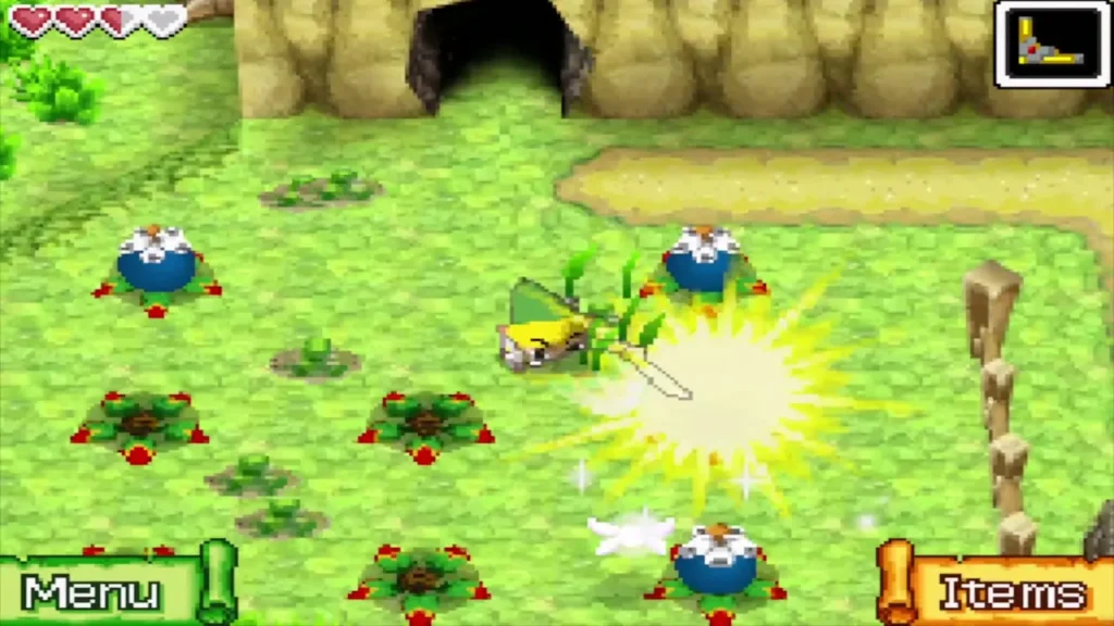 Link slashing at an enemy in the Bomb Garden beside the cave entrance Link slashing at an enemy in the Bomb Garden beside the cave entrance