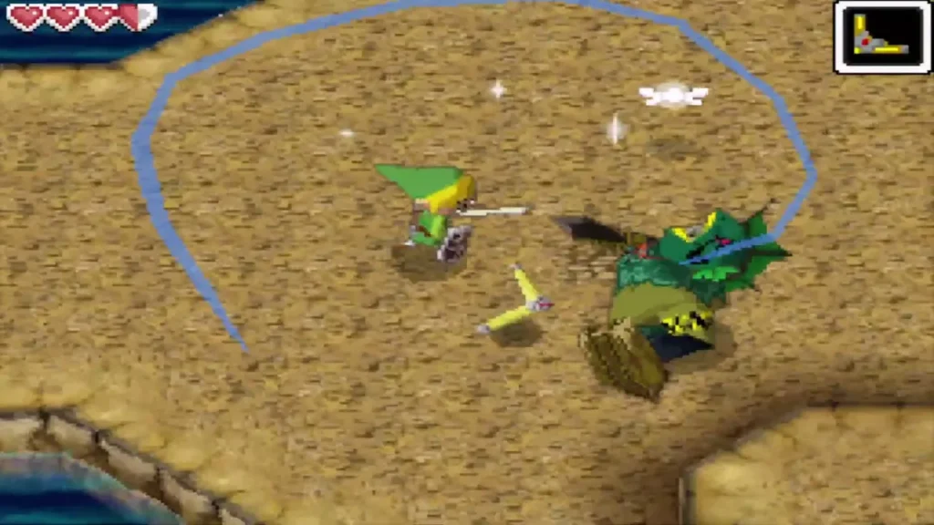 Link fights a green monster in the cave as his Boomerang flies back Link fights a green monster in the cave as his Boomerang flies back