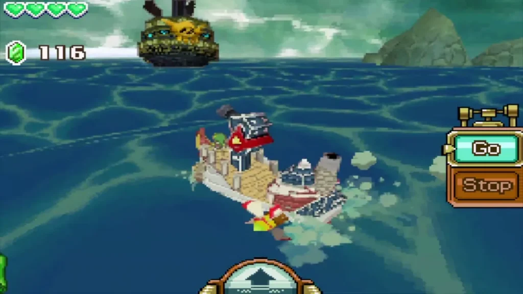Link's ship sails after the Ghost Ship across dark green water Link's ship sails after the Ghost Ship across dark green water