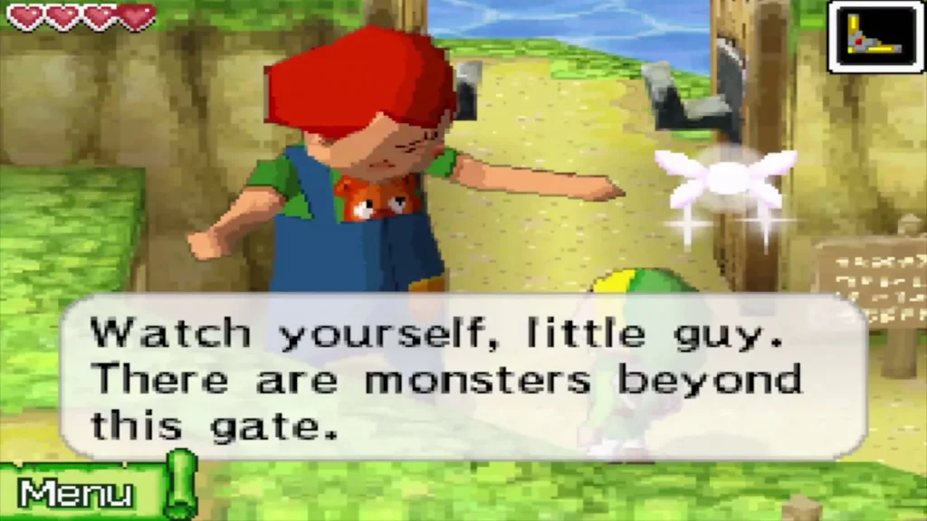 Fuzo at the open gate warns of monsters beyond it Fuzo at the open gate warns of monsters beyond it