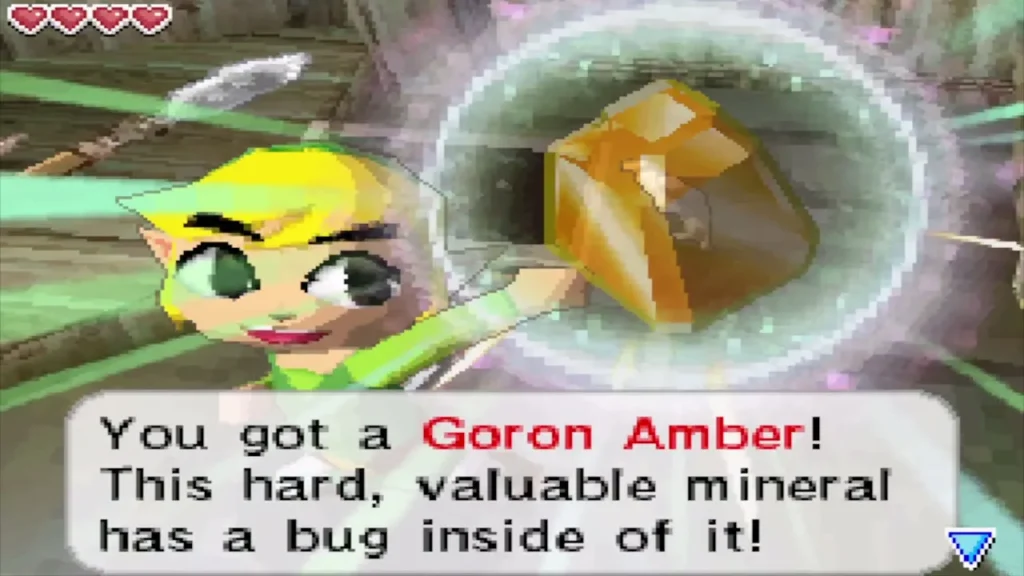 Link holding up a Goron Amber with its item message Link holding up a Goron Amber with its item message