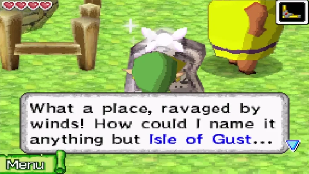 Link reads the stone monument that names the Isle of Gust Link reads the stone monument that names the Isle of Gust