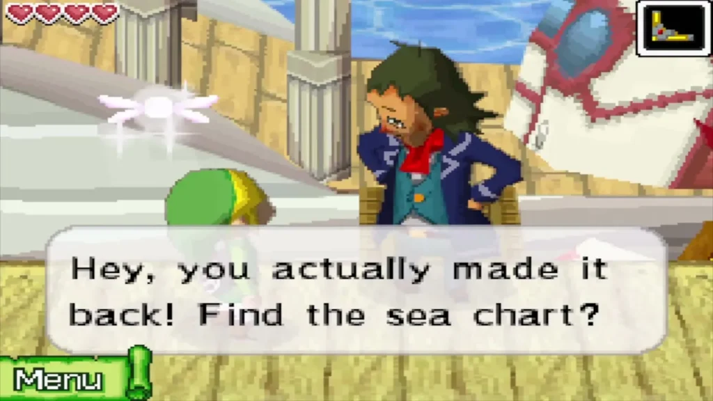 Linebeck on the dock asking whether Link found the sea chart Linebeck on the dock asking whether Link found the sea chart