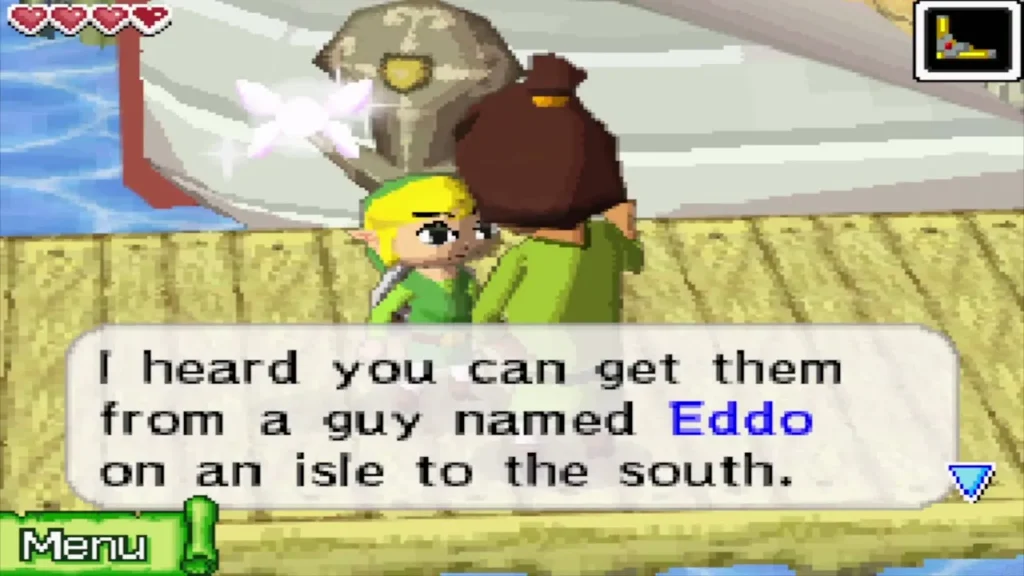 Linebeck on the Mercay dock telling Link that Eddo sells cannons on an isle to the south Linebeck on the Mercay dock telling Link that Eddo sells cannons on an isle to the south
