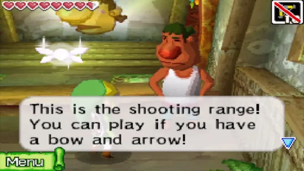 The shooting range attendant explaining that Link can play if he has a bow and arrow The shooting range attendant explaining that Link can play if he has a bow and arrow