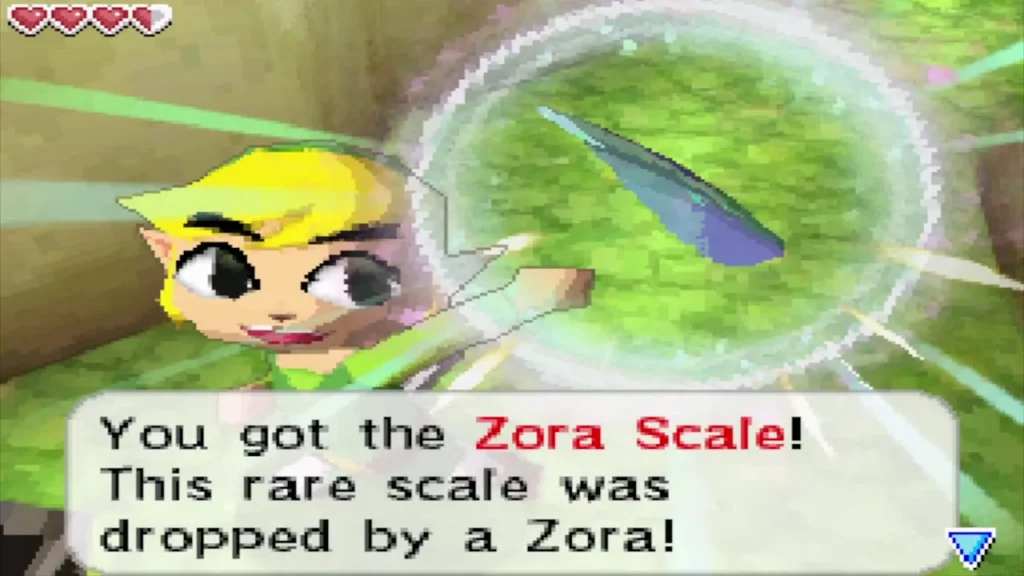 Link holding up the Zora Scale dropped by a Zora Link holding up the Zora Scale dropped by a Zora