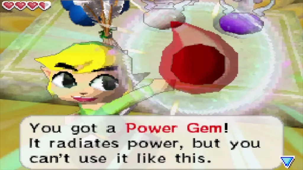 Link holds up a Power Gem bought in the Molida shop Link holds up a Power Gem bought in the Molida shop
