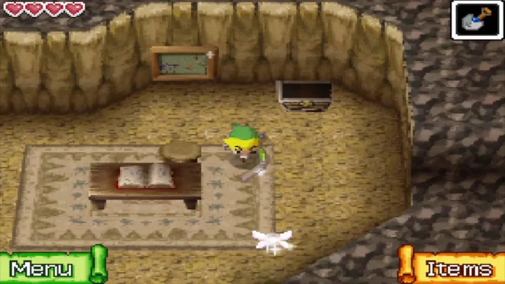 Link in the second hideout with the father's desk and a chest behind him Link in the second hideout with the father's desk and a chest behind him