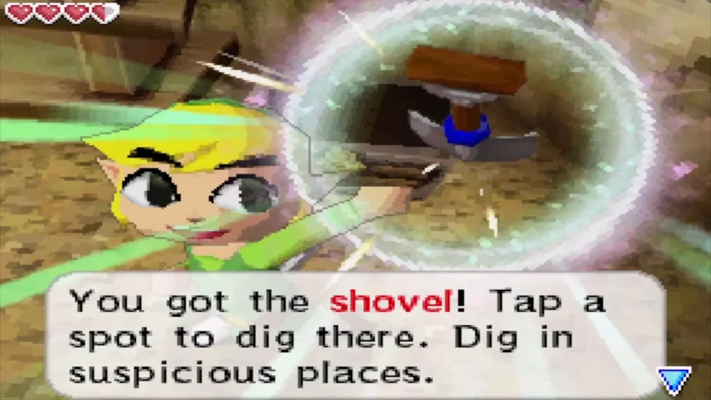 Link holds up the Shovel with the message about digging in suspicious places Link holds up the Shovel with the message about digging in suspicious places