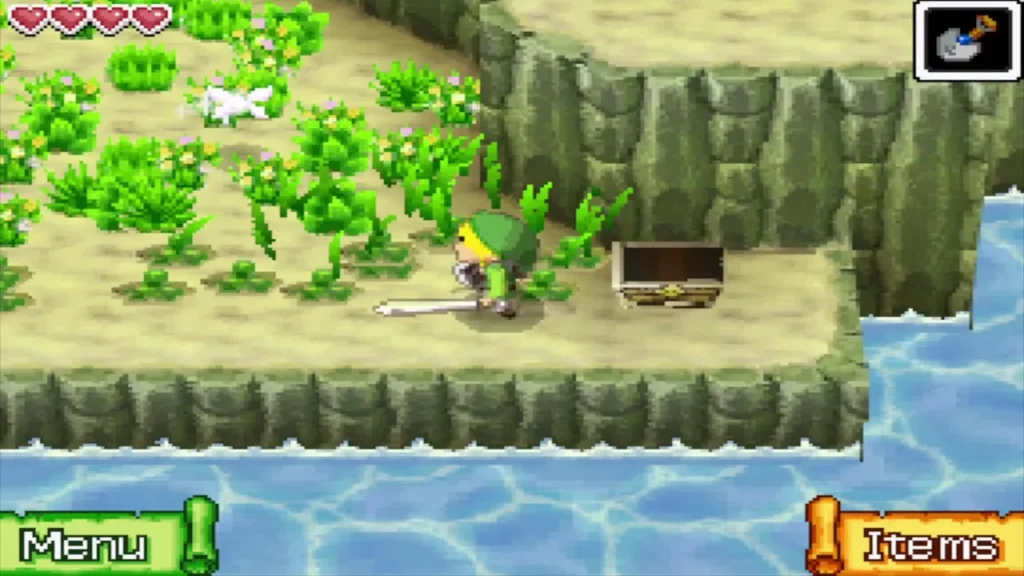Link beside an open chest on a grassy ledge of Spirit Island Link beside an open chest on a grassy ledge of Spirit Island