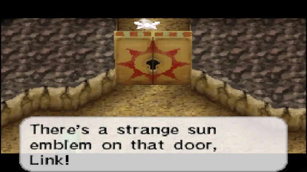 A sealed door marked with a red sun emblem and a keyhole A sealed door marked with a red sun emblem and a keyhole