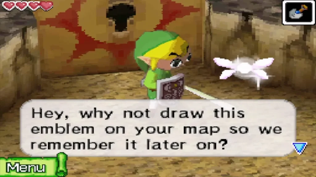 Link at the sun door as his companion suggests drawing the emblem on the map Link at the sun door as his companion suggests drawing the emblem on the map