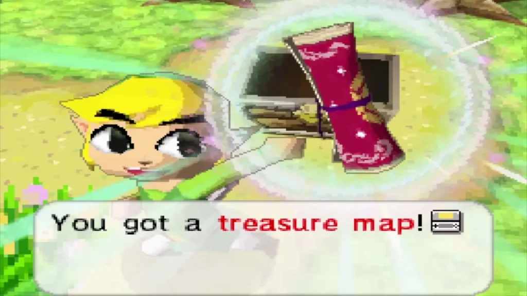 Link holds up a treasure map from a chest on Cannon Island Link holds up a treasure map from a chest on Cannon Island