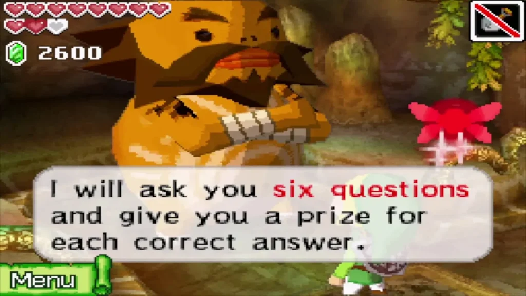 Biggoron explaining he will ask six questions and give a prize for each right answer Biggoron explaining he will ask six questions and give a prize for each right answer