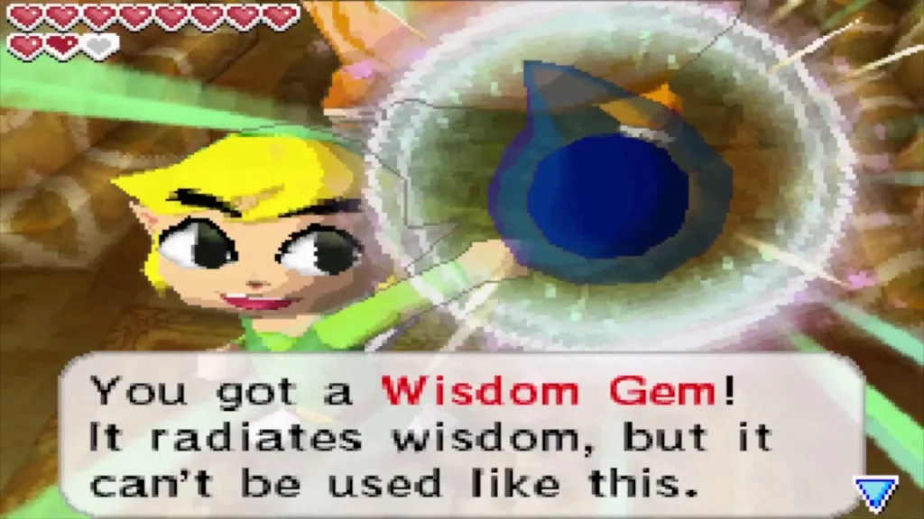 Link holding up the Wisdom Gem he received from Biggoron Link holding up the Wisdom Gem he received from Biggoron