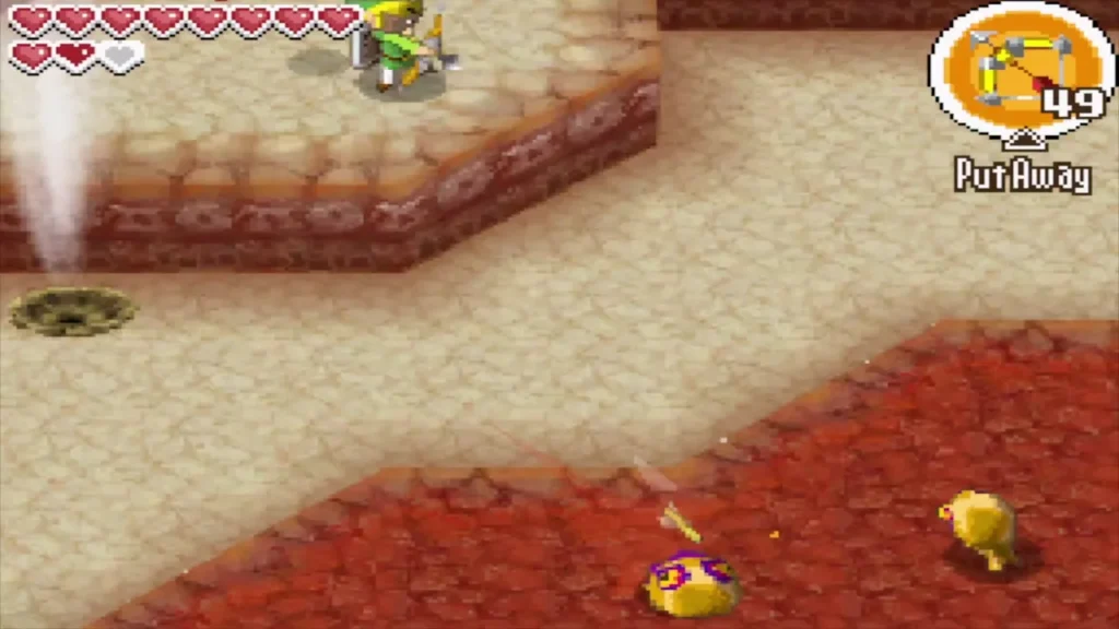 Link on the high platform shooting an arrow at a Yellow ChuChu Link on the high platform shooting an arrow at a Yellow ChuChu