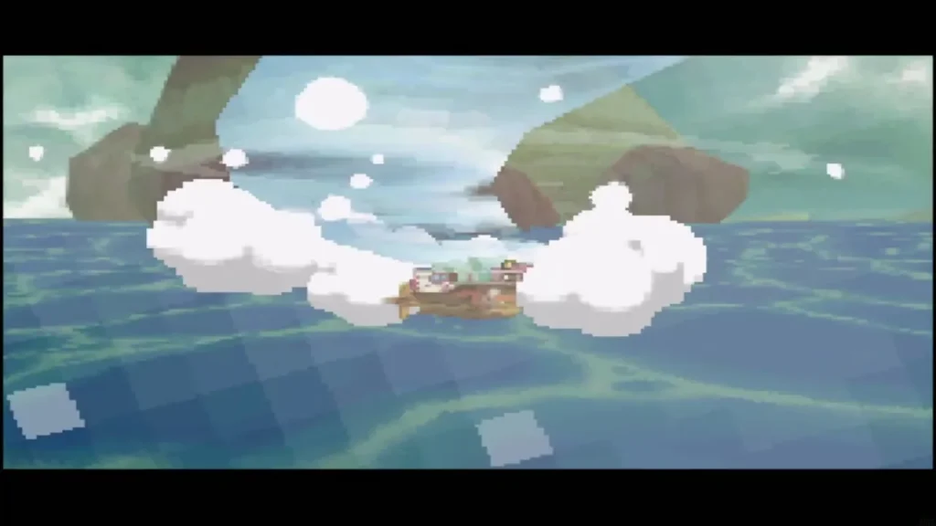 The ship caught in a swirling cyclone near Goron Island The ship caught in a swirling cyclone near Goron Island