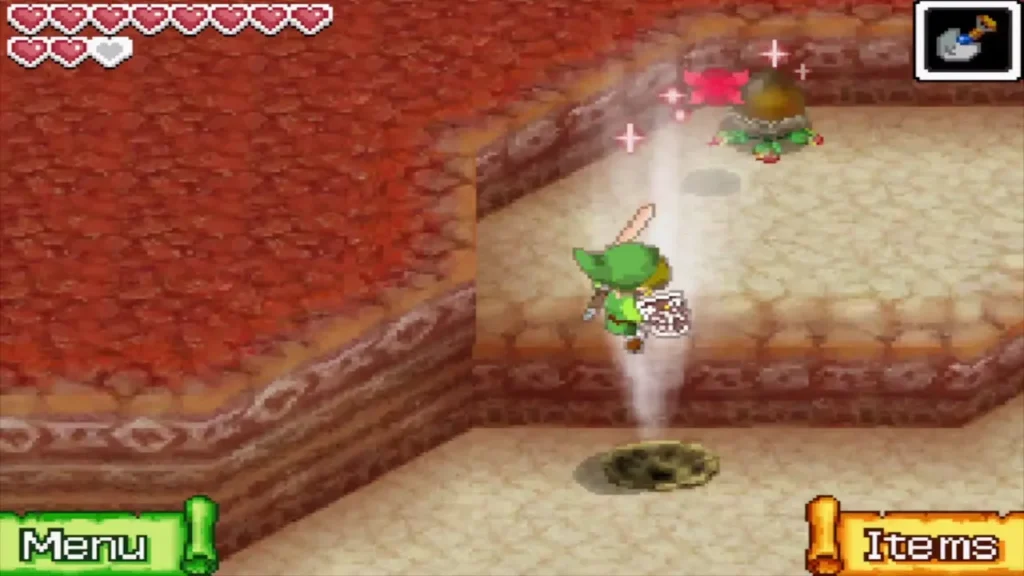 Link riding a gust from the dug geyser spot up to the higher platform Link riding a gust from the dug geyser spot up to the higher platform