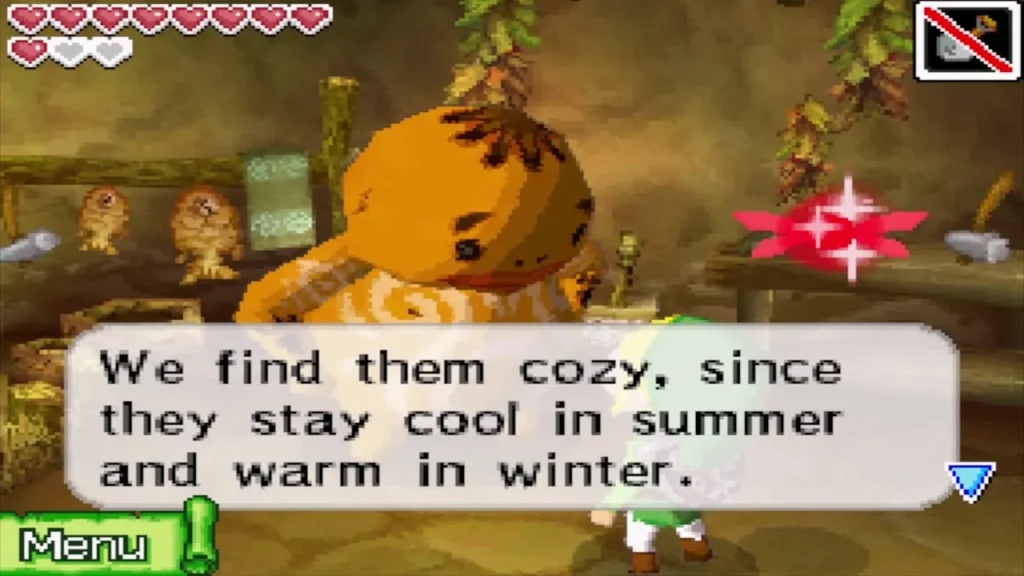 A Goron in his home explaining that the rock houses stay cool and warm A Goron in his home explaining that the rock houses stay cool and warm