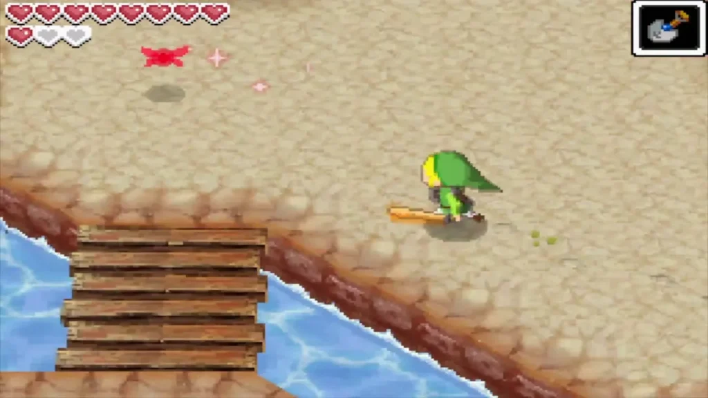 Link walking the rocky paths of Goron Island beside a wooden bridge Link walking the rocky paths of Goron Island beside a wooden bridge
