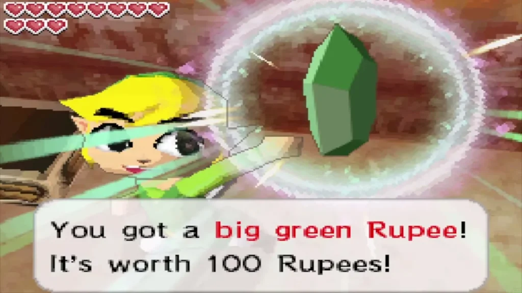 Link holding up a big green Rupee worth 100 Rupees from a chest Link holding up a big green Rupee worth 100 Rupees from a chest