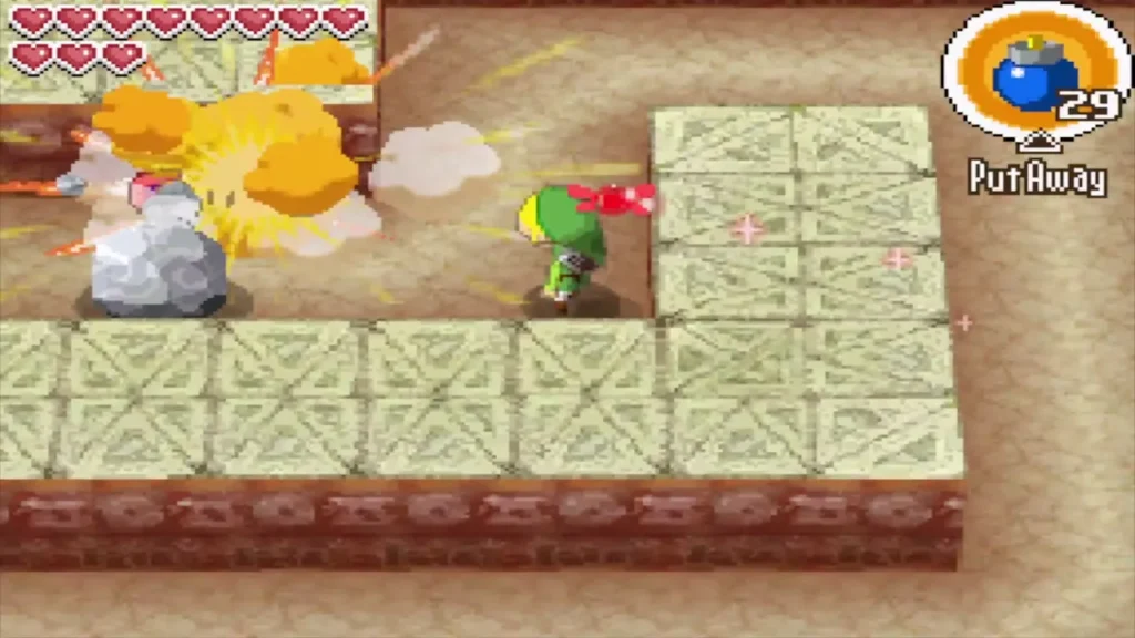 A bomb exploding beside Link among the cracked blocks of the northern maze A bomb exploding beside Link among the cracked blocks of the northern maze