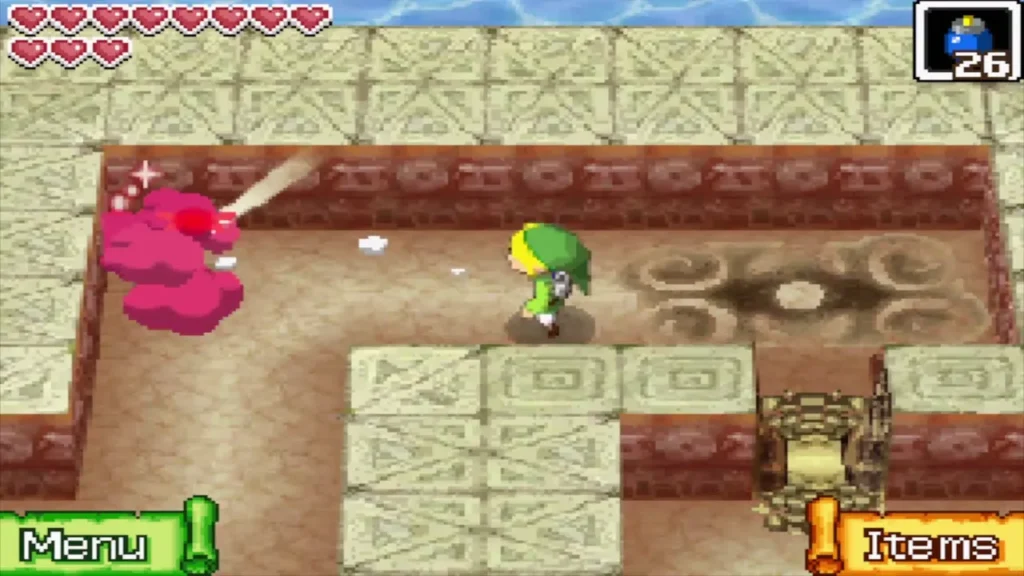Link near a swirling floor design in the maze, with a gate below Link near a swirling floor design in the maze, with a gate below