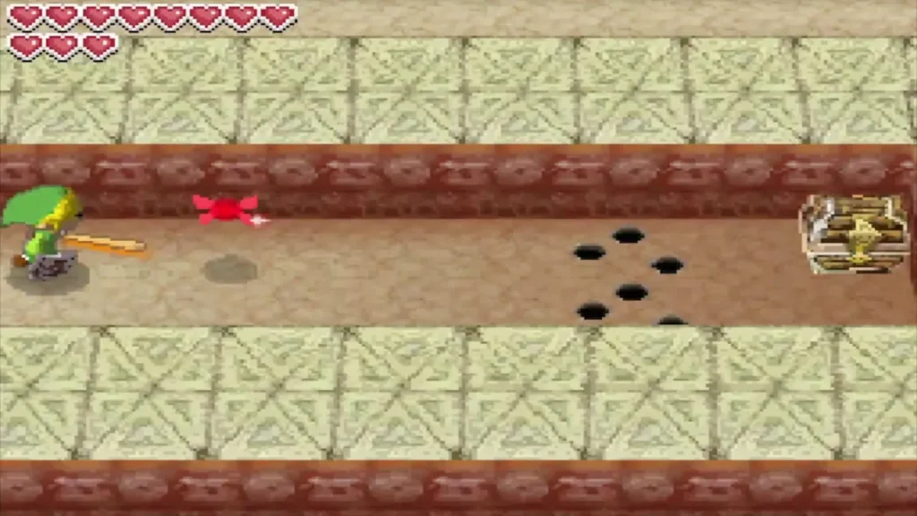 Link walking down a corridor toward the chest on the third row of the maze Link walking down a corridor toward the chest on the third row of the maze
