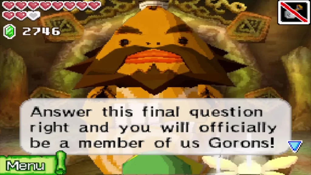 Biggoron announcing the final question that makes Link an official Goron Biggoron announcing the final question that makes Link an official Goron