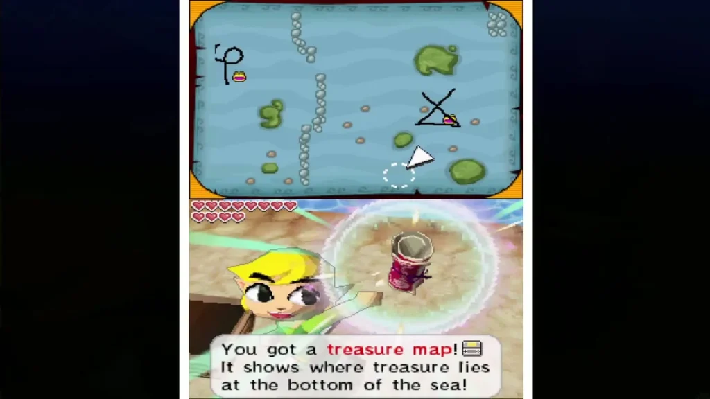 Link holds up a treasure map with its message box Link holds up a treasure map with its message box